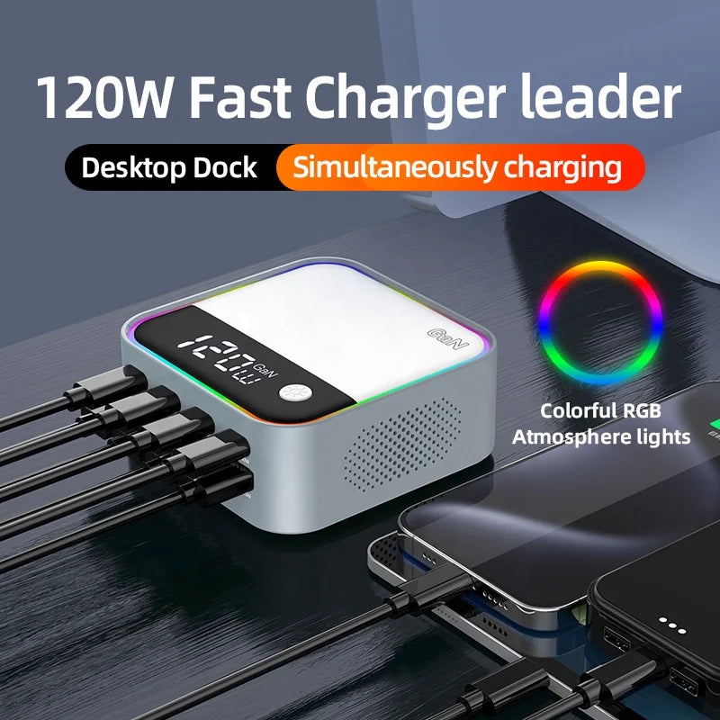 120W Desktop Charger Universal USB Multi-Port Fast Charging for Mobile Phones & Laptops Integrated with Colorful Atmosphere Lamp