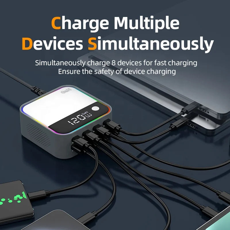 120W Desktop Charger Universal USB Multi-Port Fast Charging for Mobile Phones & Laptops Integrated with Colorful Atmosphere Lamp