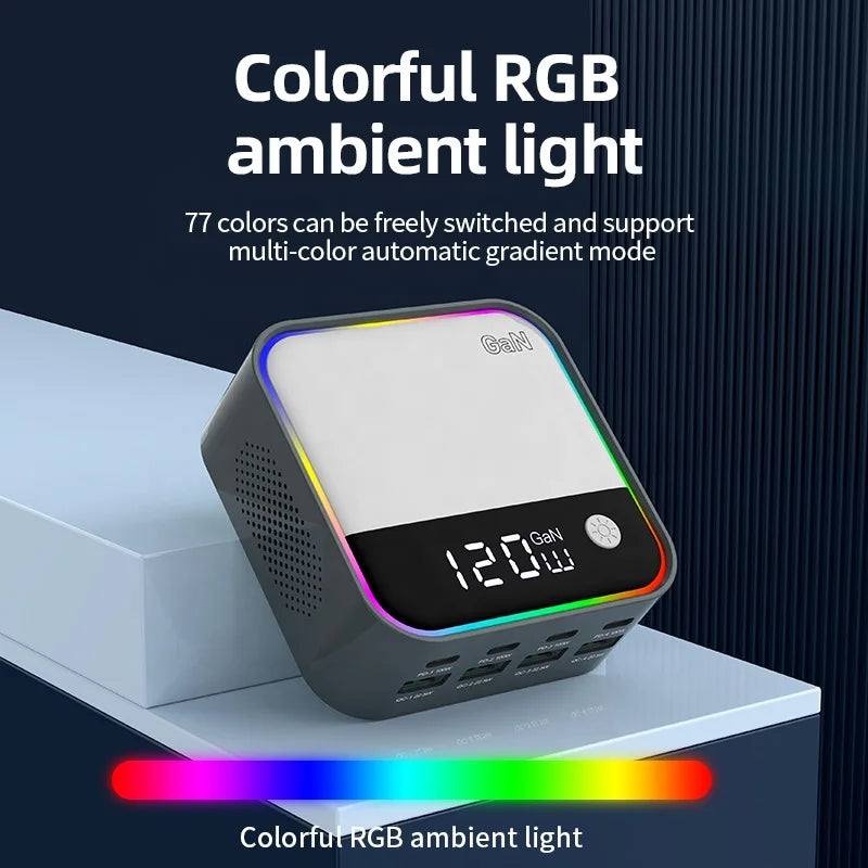 120W Desktop Charger Universal USB Multi-Port Fast Charging for Mobile Phones & Laptops Integrated with Colorful Atmosphere Lamp