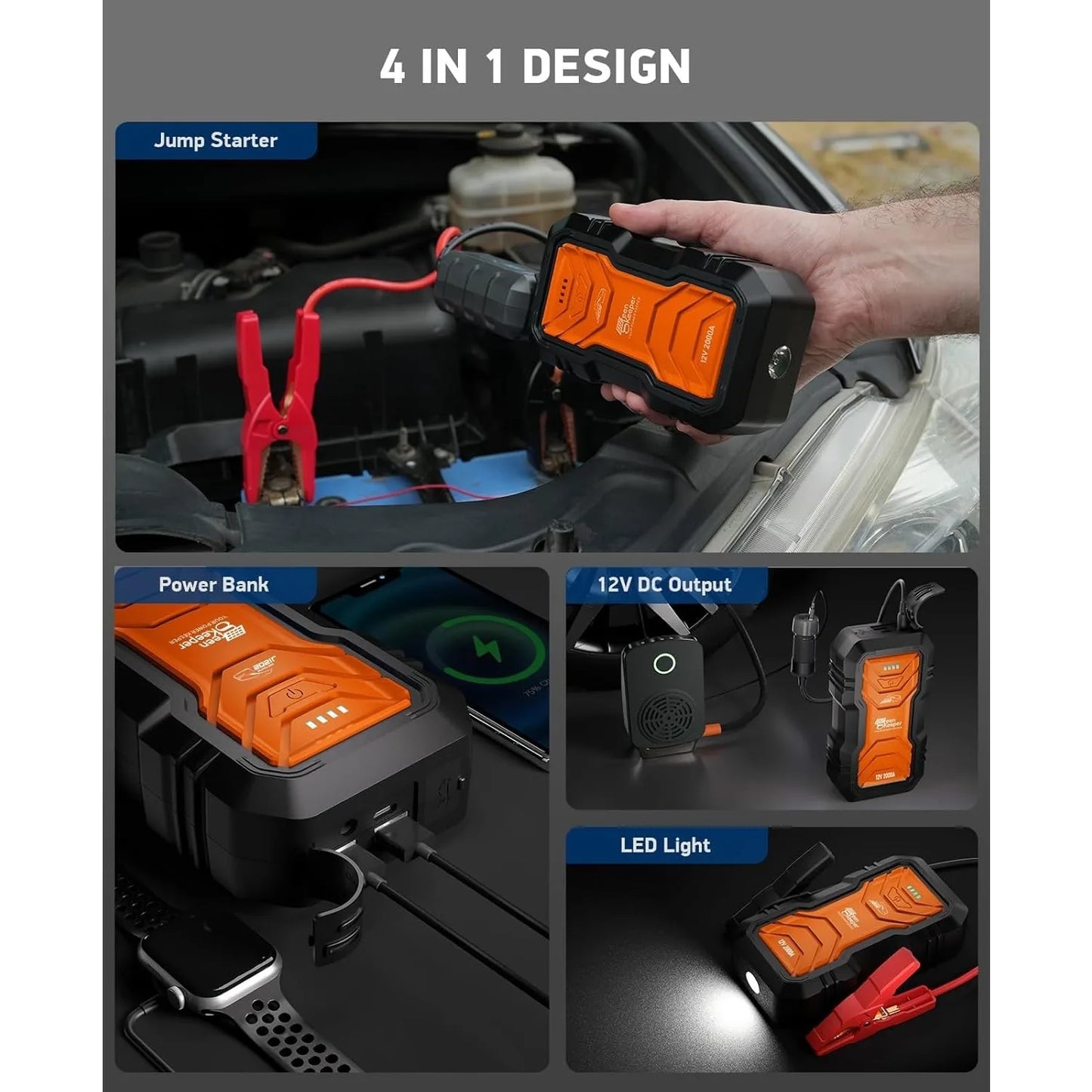 10500mahJump Starter - 2000A Smart Car Battery Booster Pack with UltraSafe Lithium Battery, Portable Jump Box with LED Light/USB