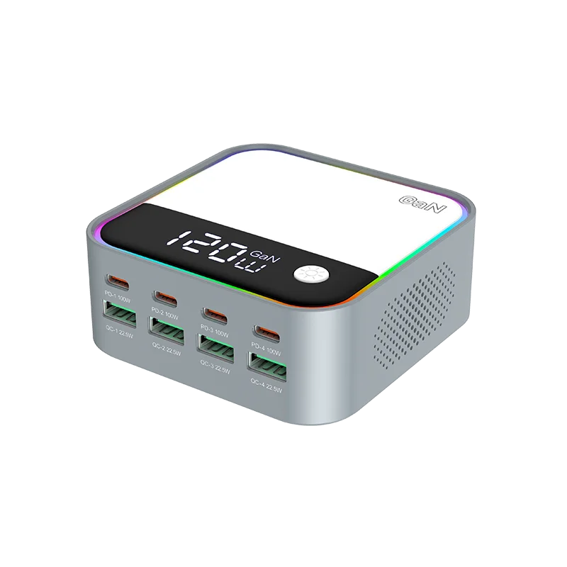 120W Desktop Charger Universal USB Multi-Port Fast Charging for Mobile Phones & Laptops Integrated with Colorful Atmosphere Lamp