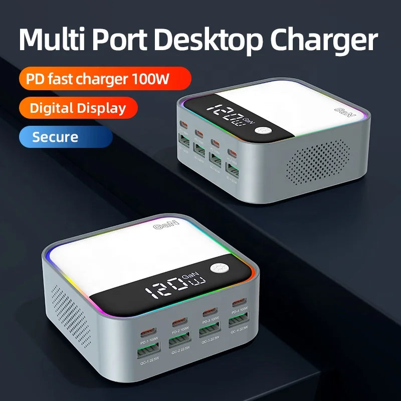 120W Desktop Charger Universal USB Multi-Port Fast Charging for Mobile Phones & Laptops Integrated with Colorful Atmosphere Lamp