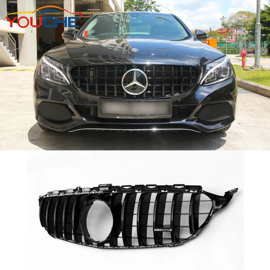 W205 GT R Front Bumper Mesh Grille for 15-18 Mercedes C Class C250 C300 C350 Sport Edition Grill ABS Black without camera