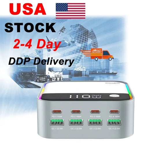 120W Desktop Charger Universal USB Multi-Port Fast Charging for Mobile Phones & Laptops Integrated with Colorful Atmosphere Lamp